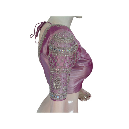 Dreamy Pastel Magenta Tissue Silk Aari Handwork Wedding Readymade Blouse