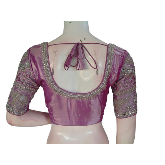 Dreamy Pastel Magenta Tissue Silk Aari Handwork Wedding Readymade Blouse