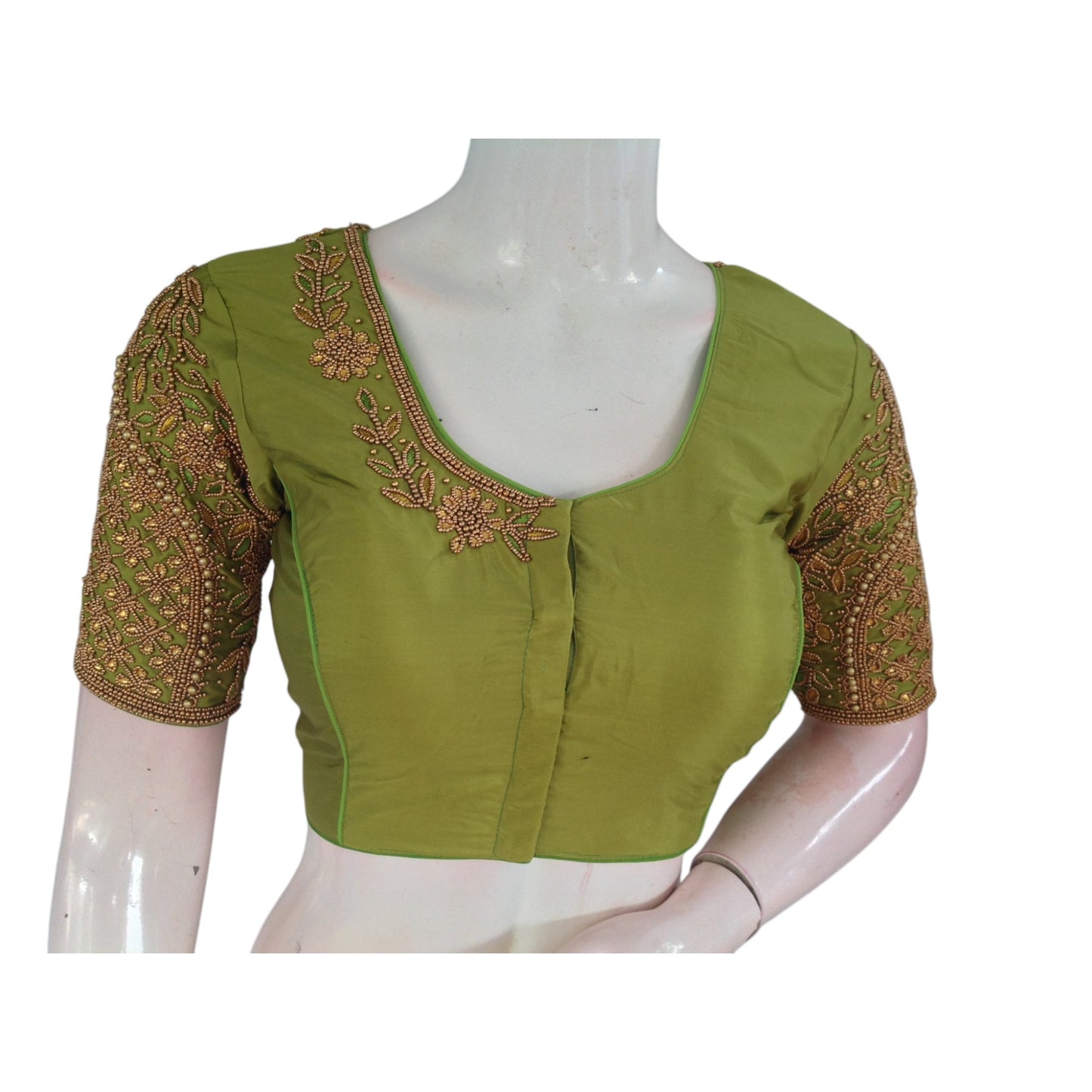 Vibrant Parrot Green Bridal Silk Saree Blouse with Exquisite Aari Hand Work