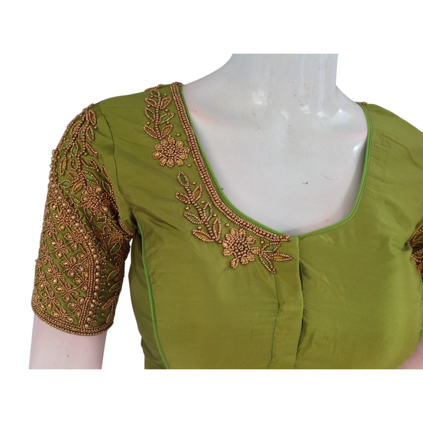 Vibrant Parrot Green Bridal Silk Saree Blouse with Exquisite Aari Hand Work