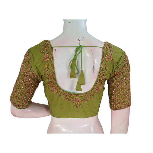 Vibrant Parrot Green Bridal Silk Saree Blouse with Exquisite Aari Hand Work