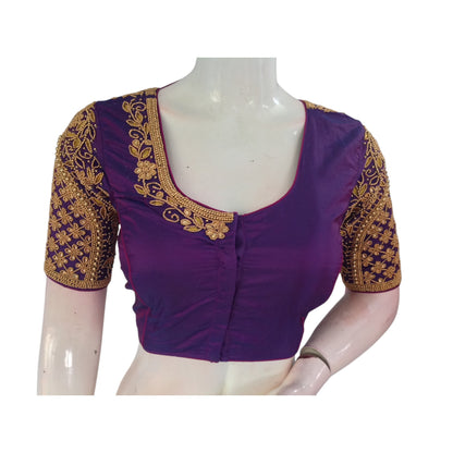 Handcrafted Purple Color Aari Handwork Wedding Silk Saree Readymade Blouse