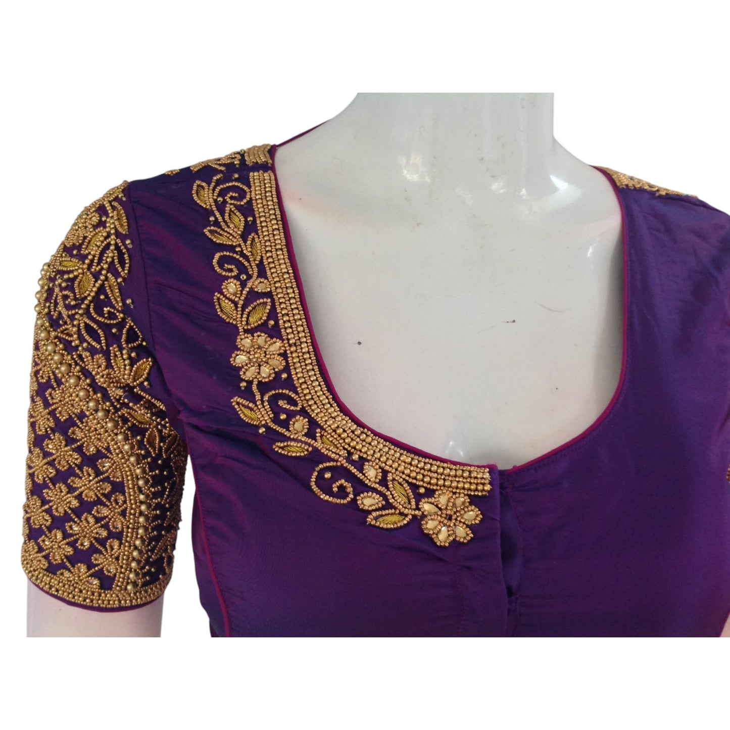 Handcrafted Purple Color Aari Handwork Wedding Silk Saree Readymade Blouse