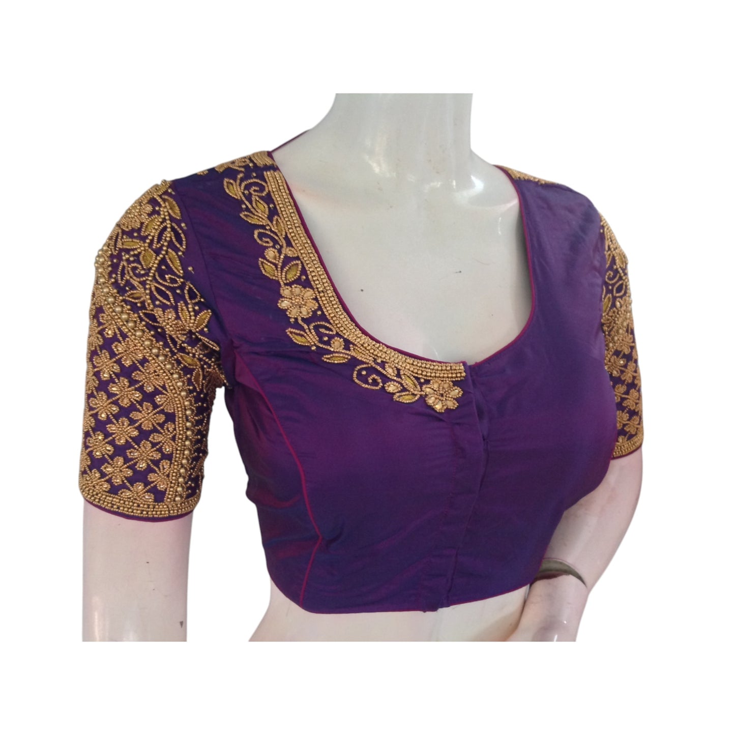 Handcrafted Purple Color Aari Handwork Wedding Silk Saree Readymade Blouse