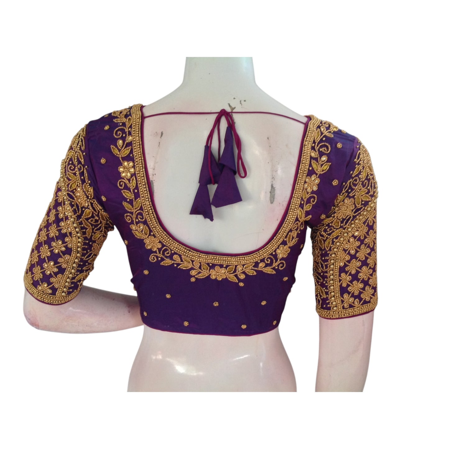 Handcrafted Purple Color Aari Handwork Wedding Silk Saree Readymade Blouse