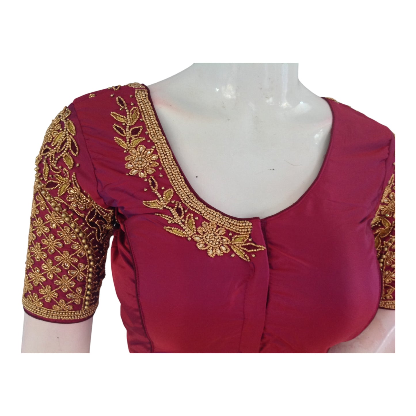 Dark Raspberry Pink Color Handcrafted Aari HandWork Bridal Saree Blouse