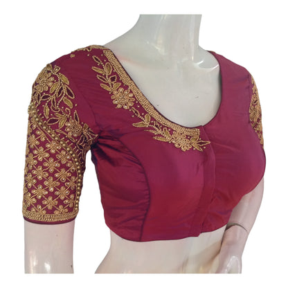 Dark Raspberry Pink Color Handcrafted Aari HandWork Bridal Saree Blouse