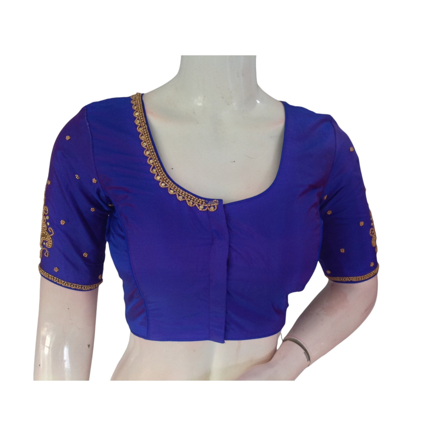 Bluish Purple Splendor: Aari Handwork Wedding Silk Saree Readymade Blouse