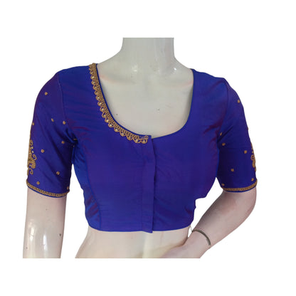 Bluish Purple Splendor: Aari Handwork Wedding Silk Saree Readymade Blouse