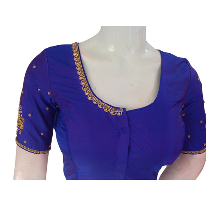 Bluish Purple Splendor: Aari Handwork Wedding Silk Saree Readymade Blouse