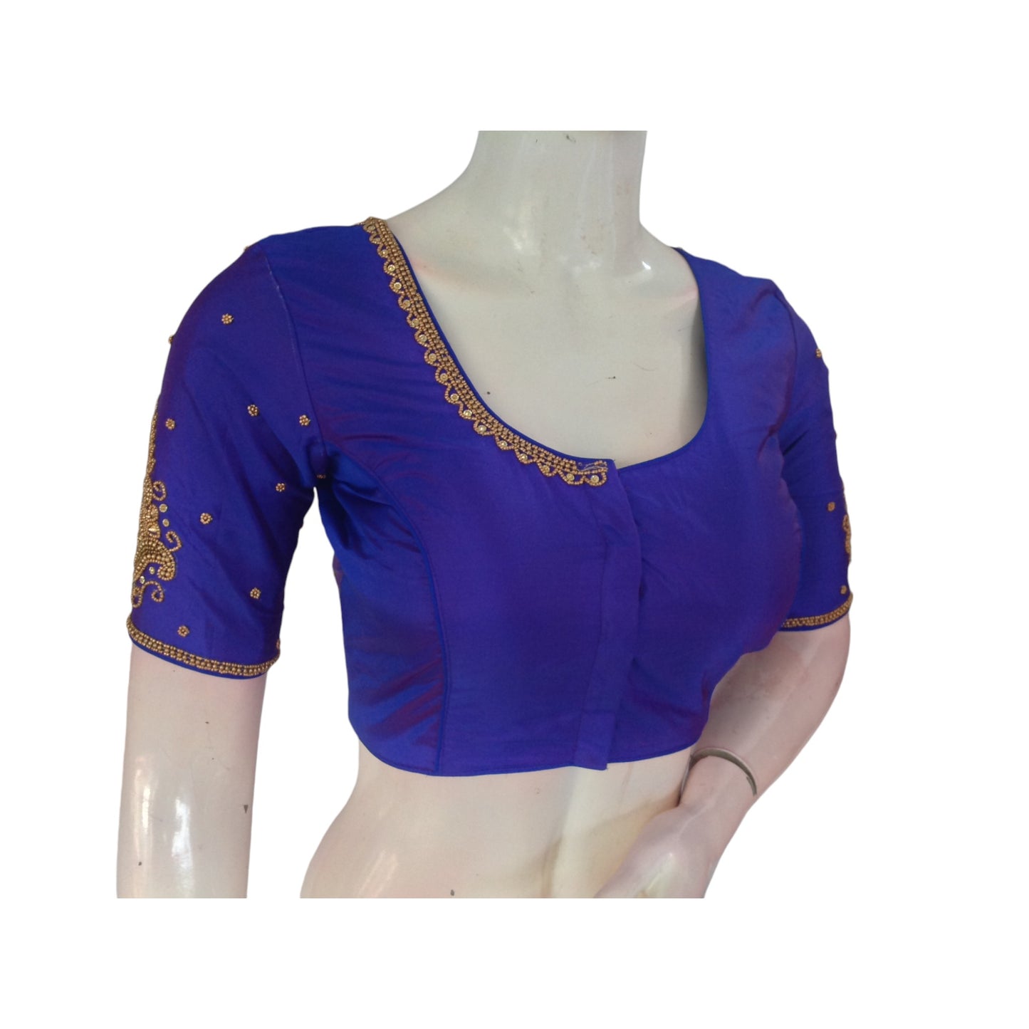 Bluish Purple Splendor: Aari Handwork Wedding Silk Saree Readymade Blouse