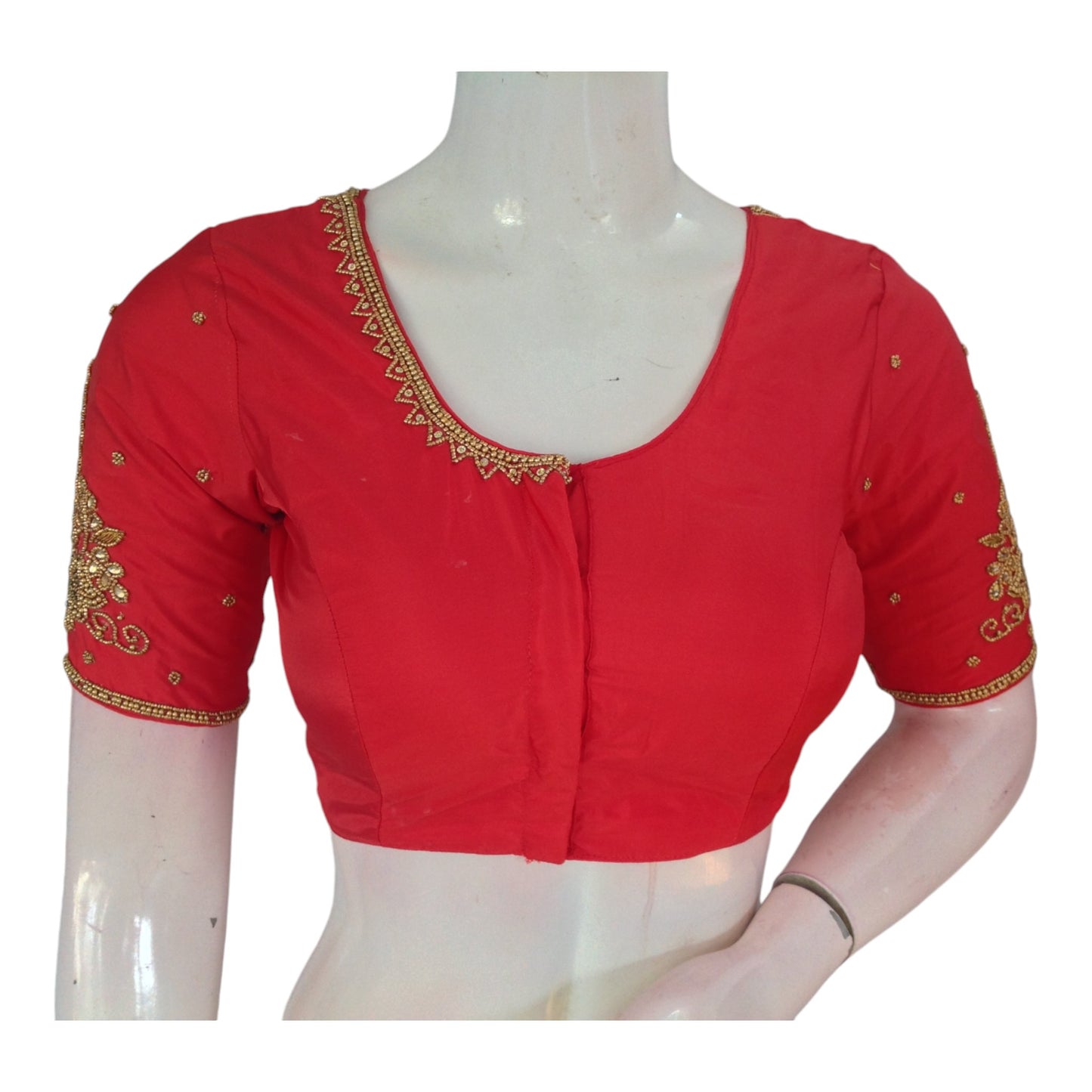 Bold and Beautiful: Red Aari Handwork Wedding Silk Saree Readymade Blouse