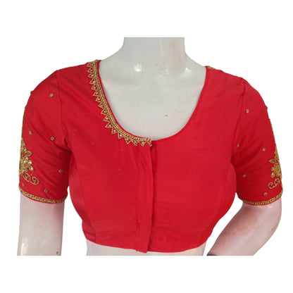 Fiery Red Aari Handwork Wedding Silk Saree Readymade Blouse