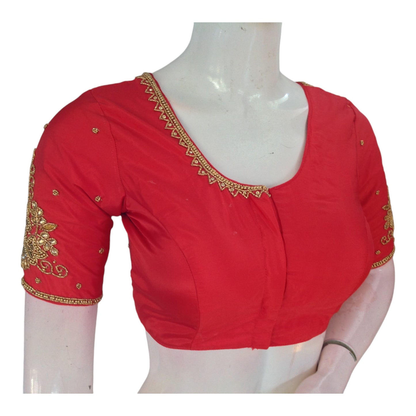 Bold and Beautiful: Red Aari Handwork Wedding Silk Saree Readymade Blouse