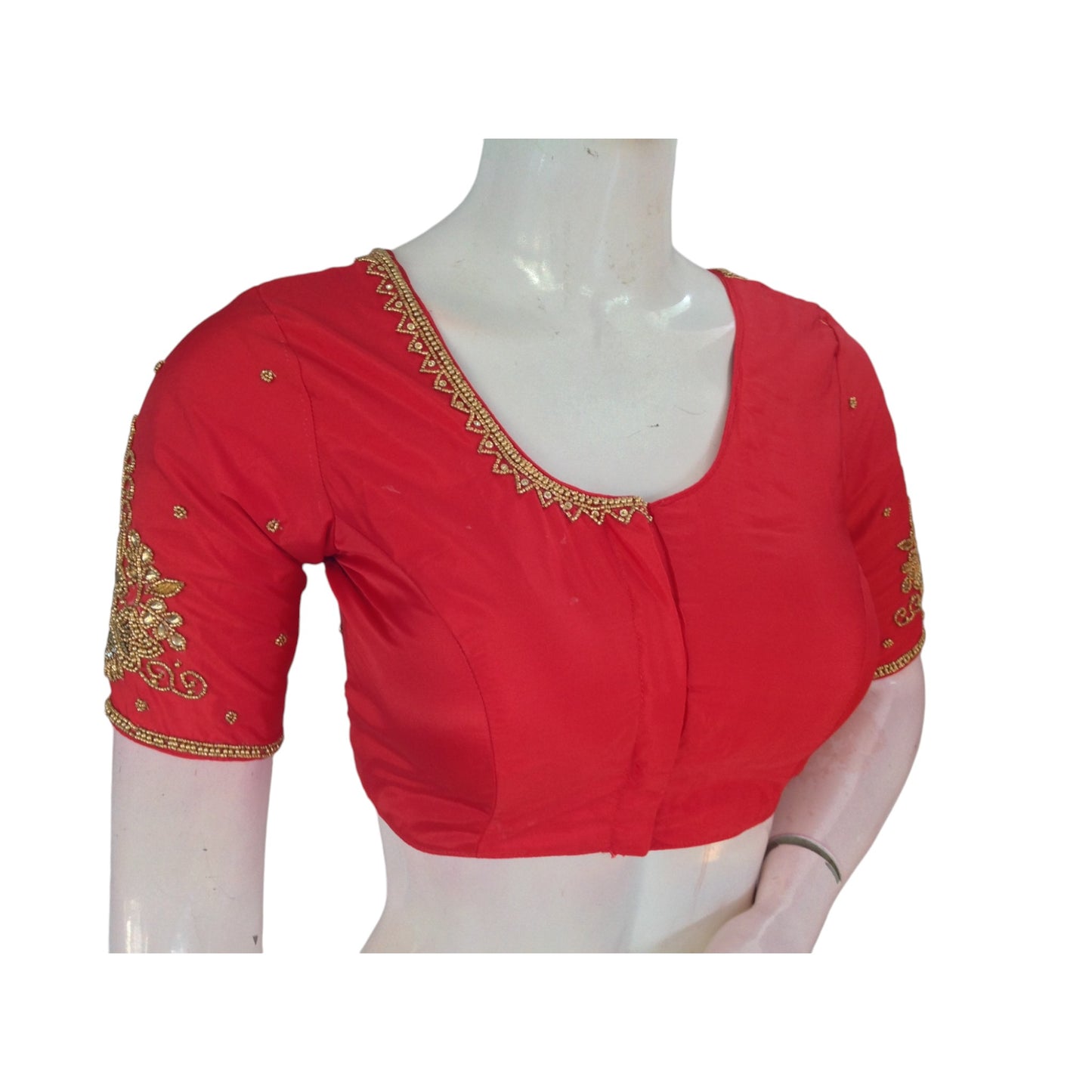 Fiery Red Aari Handwork Wedding Silk Saree Readymade Blouse