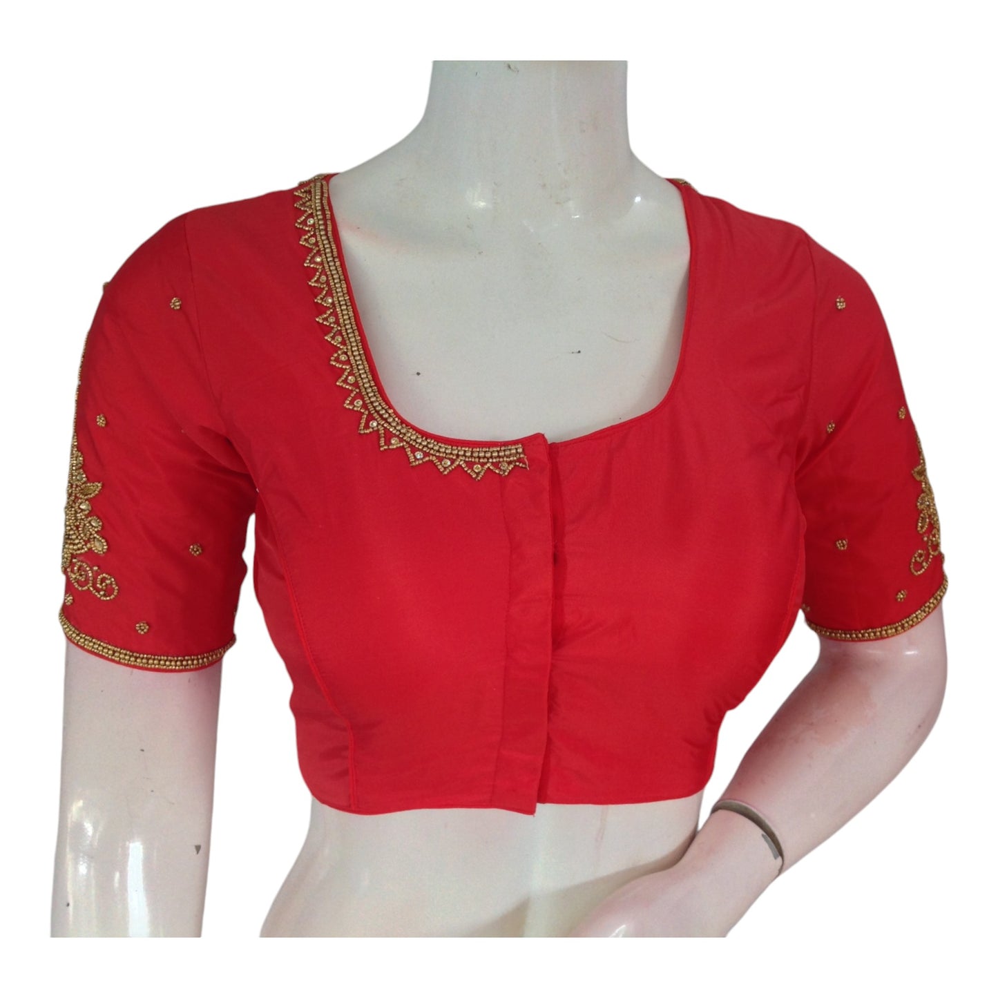 Fiery Red Aari Handwork Wedding Silk Saree Readymade Blouse