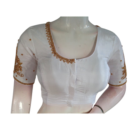 Elegant White Aari Handwork Silk saree Readymade Blouse - A Timeless Classic