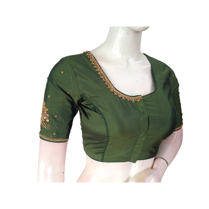 Aari Handwork Bridal Olive Green Color Silk Saree Readymade Blouse