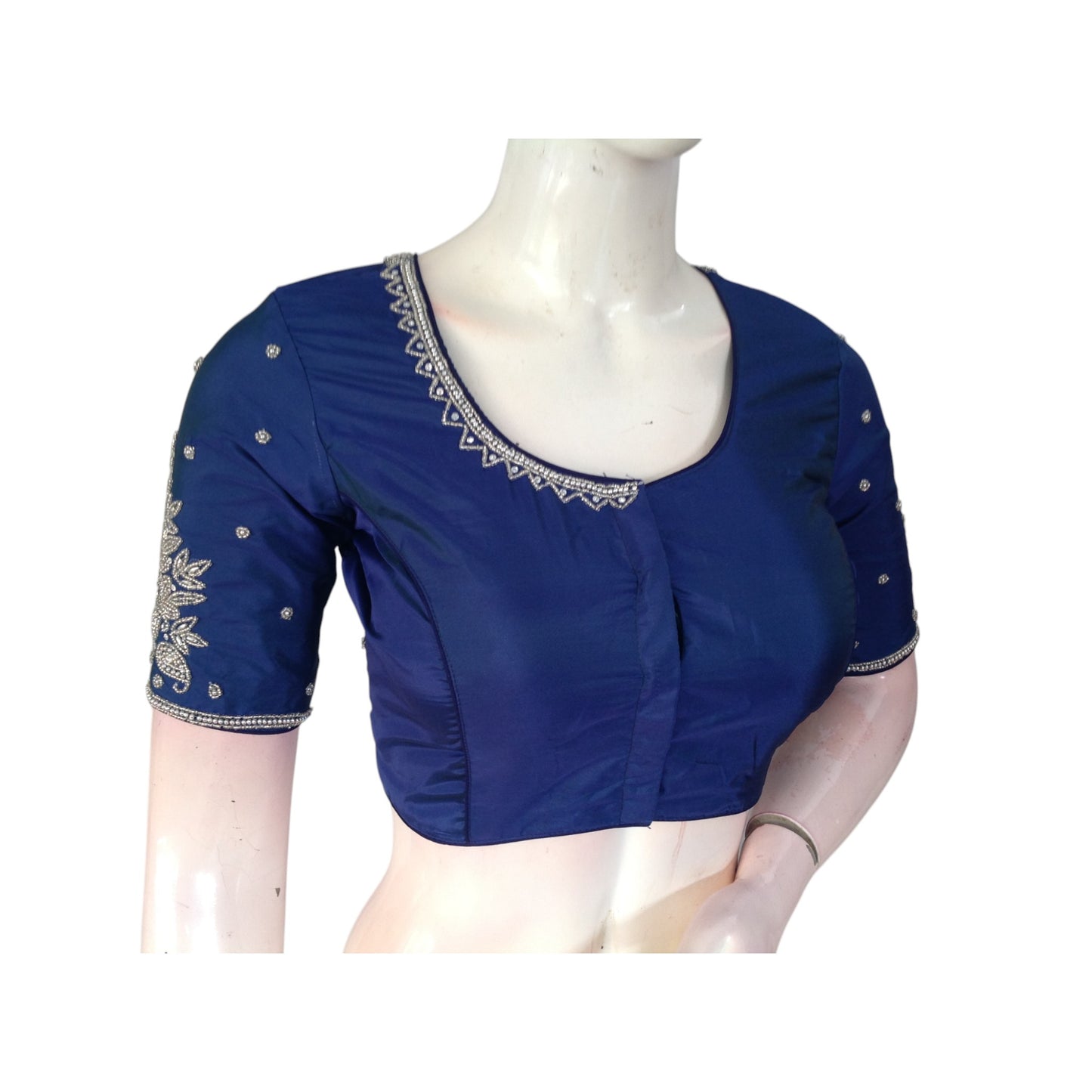 Elegant Blue Aari Handwork Wedding Silk Saree Readymade Blouse