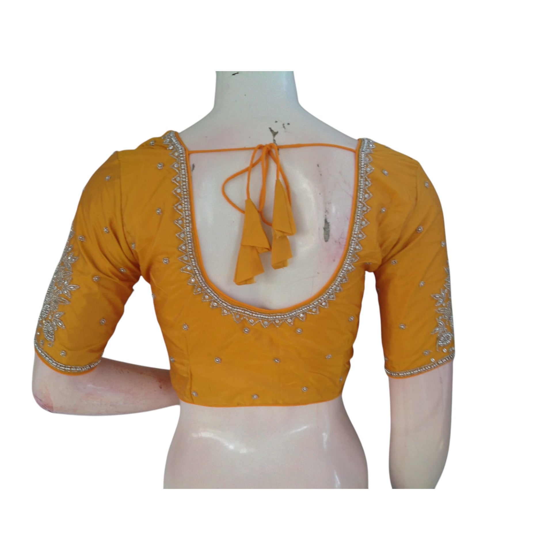 Yellow Color Aari Handwork Wedding Silk Saree Readymade Blouse 