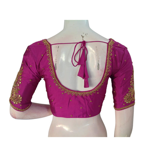 Aari Handwork Bridal Magenta Color Silk Saree Readymade Blouse 