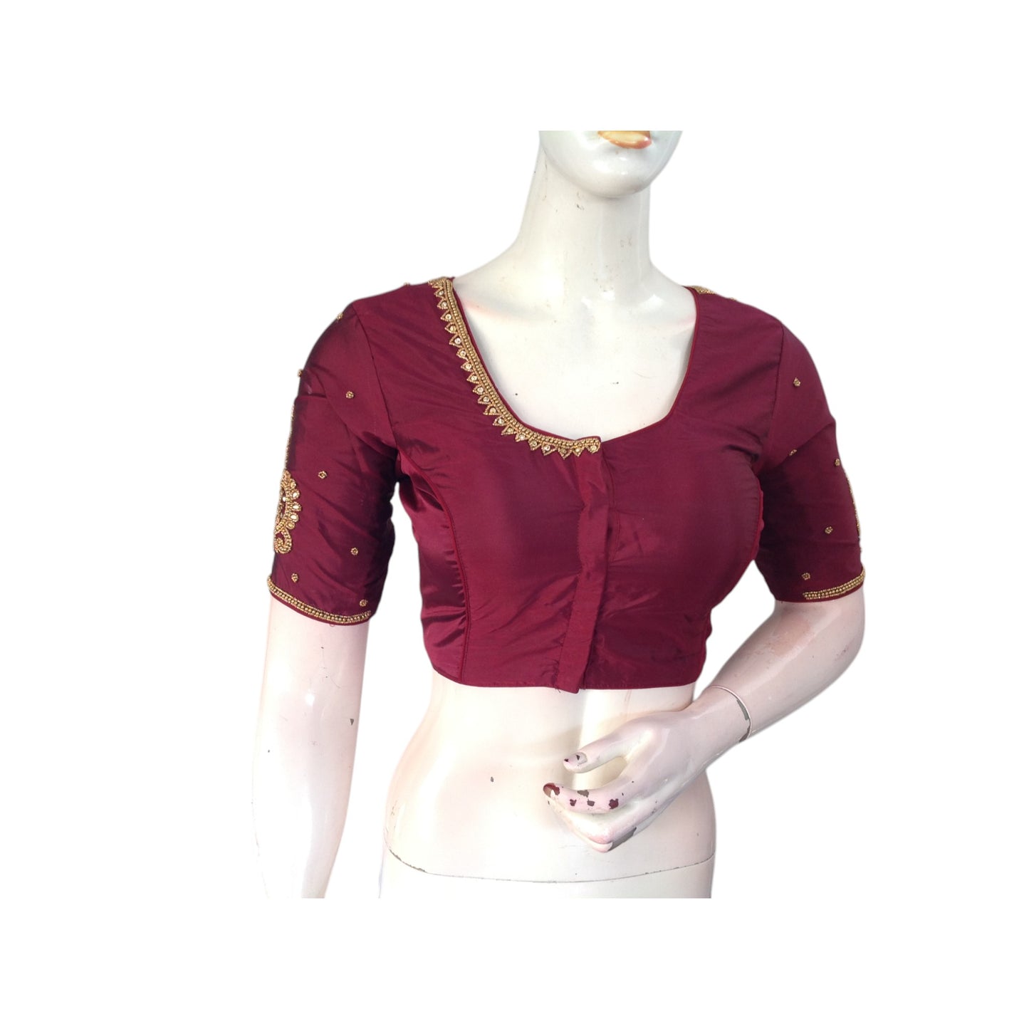 Saffron Maroon Color Trendy Aari Handwork Bridal Silk Saree Readymade Blouse