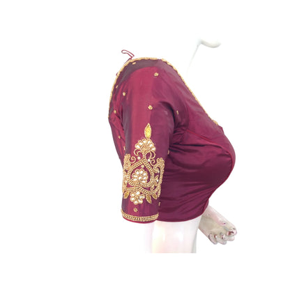 Saffron Maroon Color Trendy Aari Handwork Bridal Silk Saree Readymade Blouse