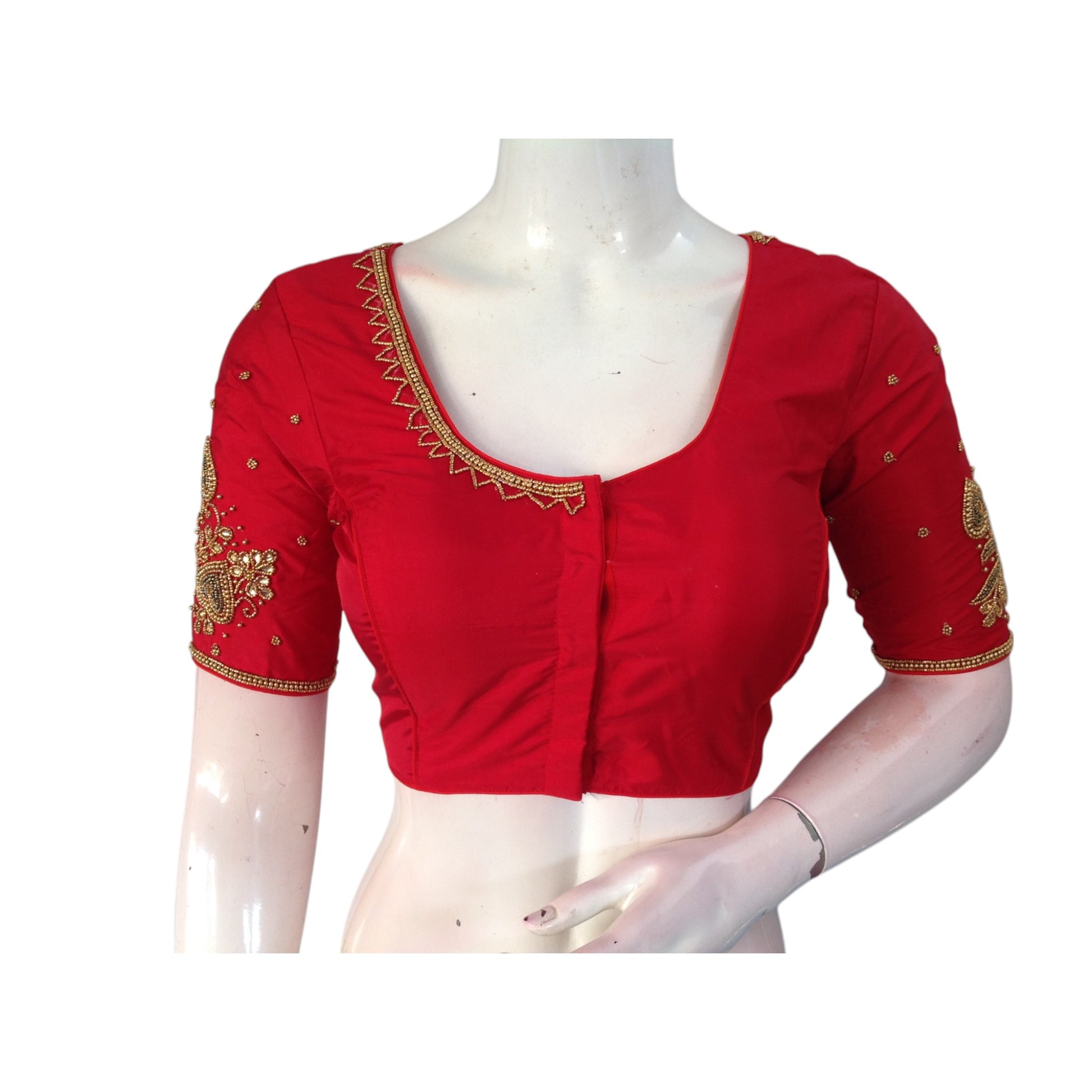 Red Color Aari Handwork Wedding Silk Saree Readymade Blouse 