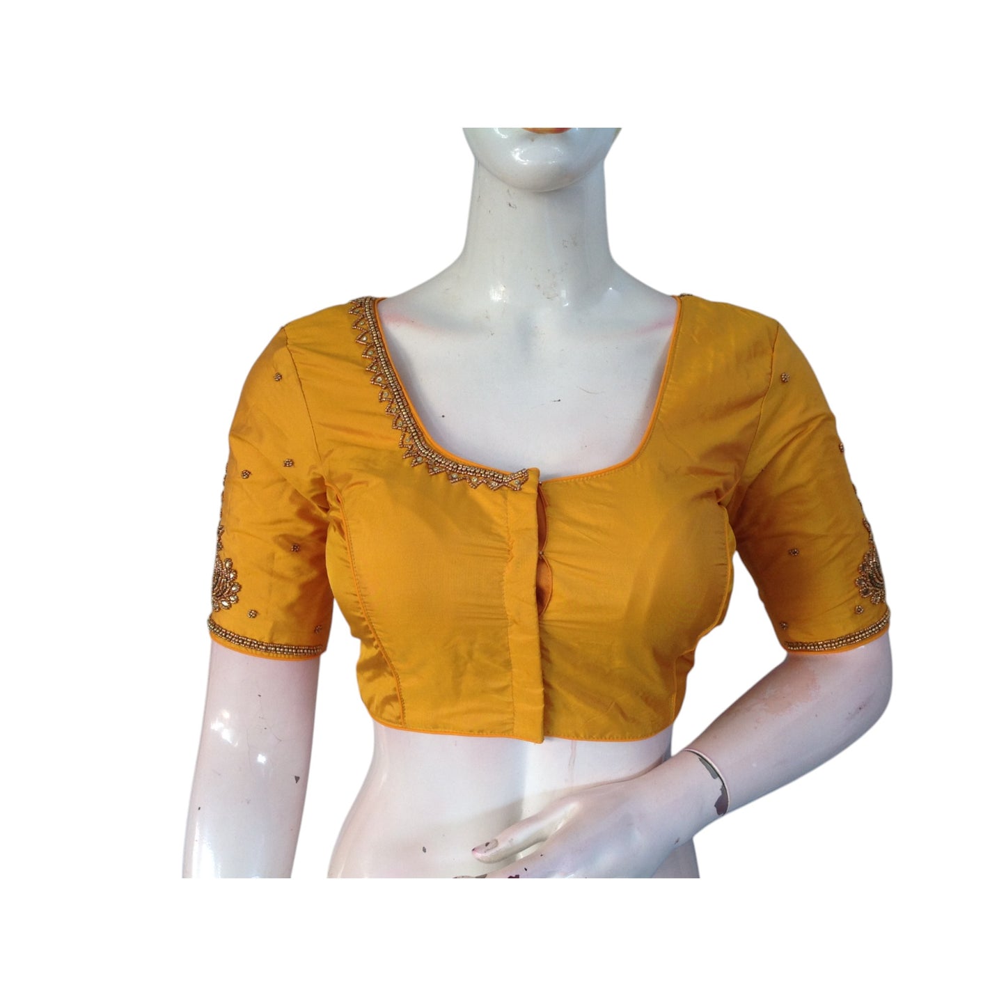 Mustard Yellow Color Aari Handwork Bridal Silk Saree Readymade Blouse