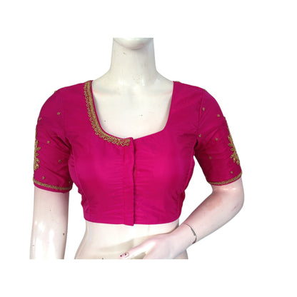 Regal Magenta Wedding Aari Handwork Silk Saree Readymade  Blouse