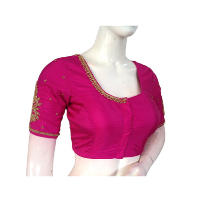 Regal Magenta Wedding Aari Handwork Silk Saree Readymade  Blouse