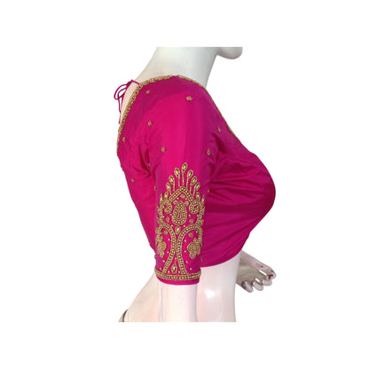 Regal Magenta Wedding Aari Handwork Silk Saree Readymade  Blouse