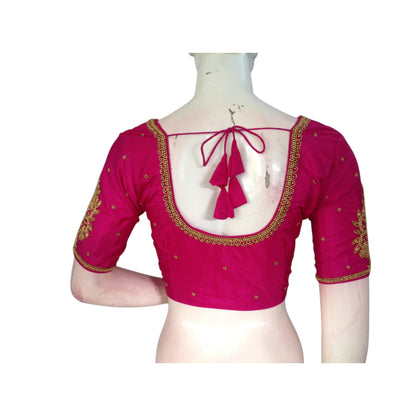 Regal Magenta Wedding Aari Handwork Silk Saree Readymade  Blouse