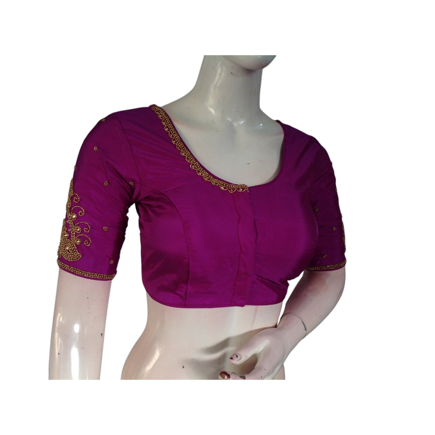 Royal Purple: Aari Handwork Wedding Silk Saree Readymade Blouse