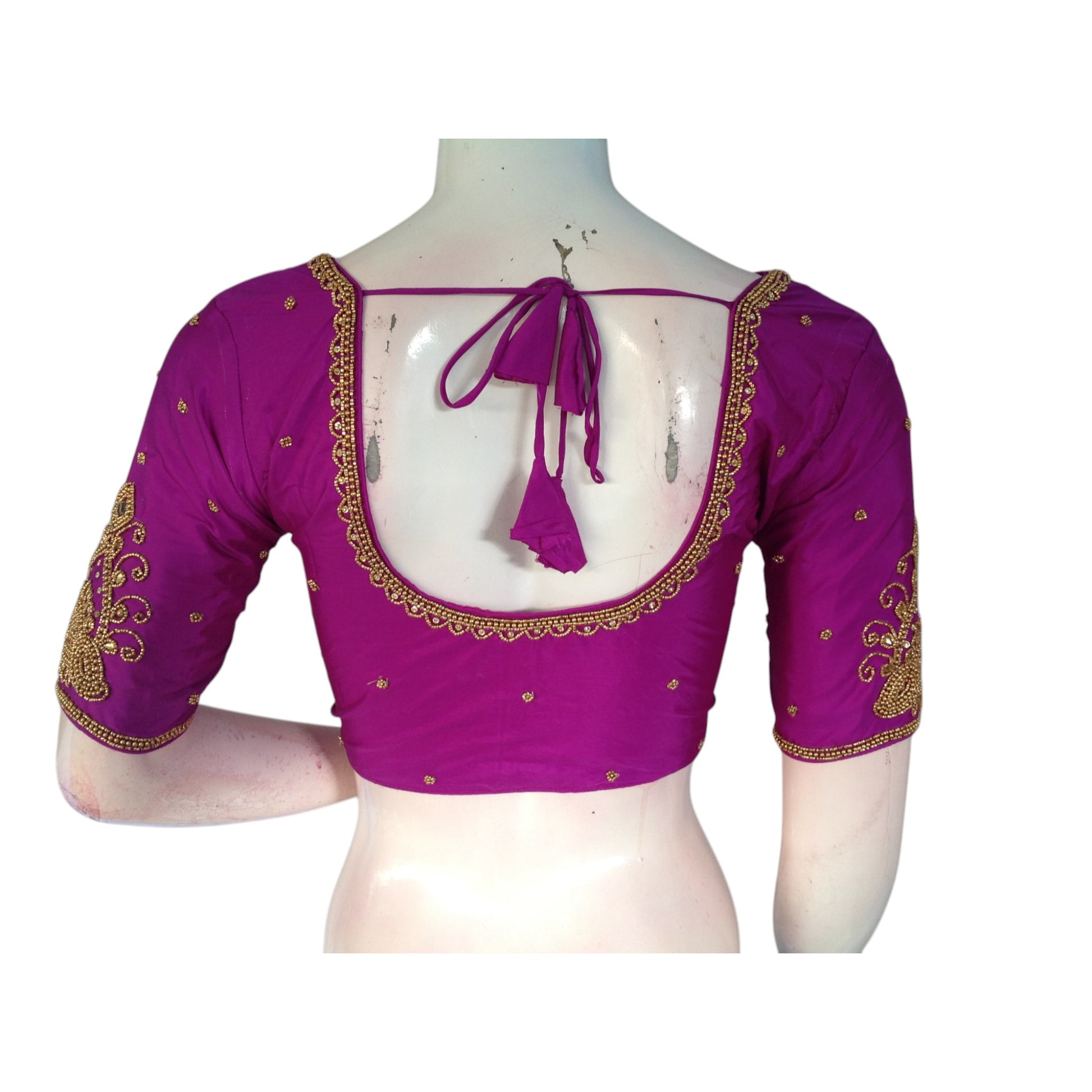 Royal Purple: Aari Handwork Wedding Silk Saree Readymade Blouse