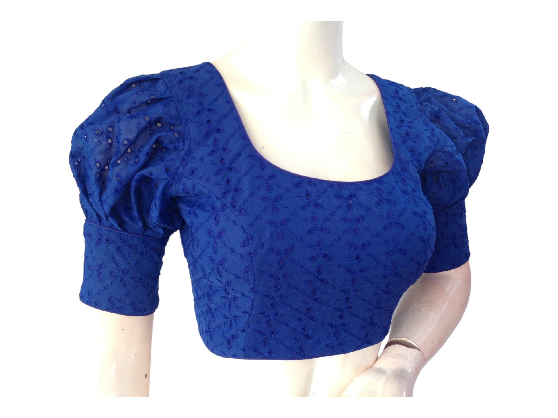 Blue color Saree Blouse, Readymade Saree Blouse, Hakoba Cotton Puff sleeves Blouse - D3blouses