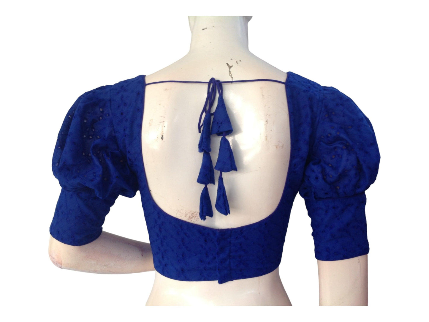 Blue color Saree Blouse, Readymade Saree Blouse, Hakoba Cotton Puff sleeves Blouse - D3blouses