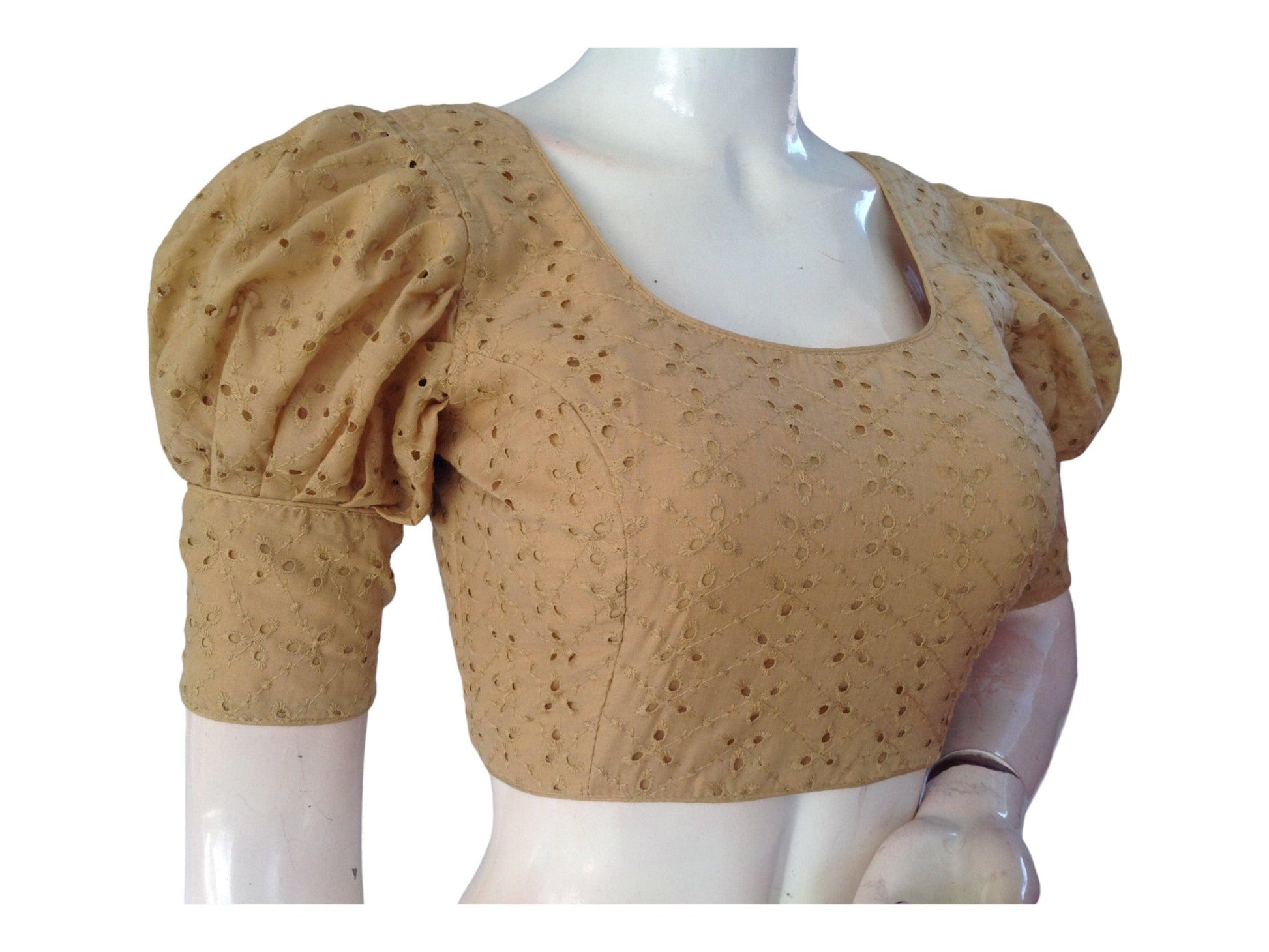Gold color Saree Blouse, Readymade Saree Blouse, Hakoba Cotton Puff sleeves Blouse - D3blouses