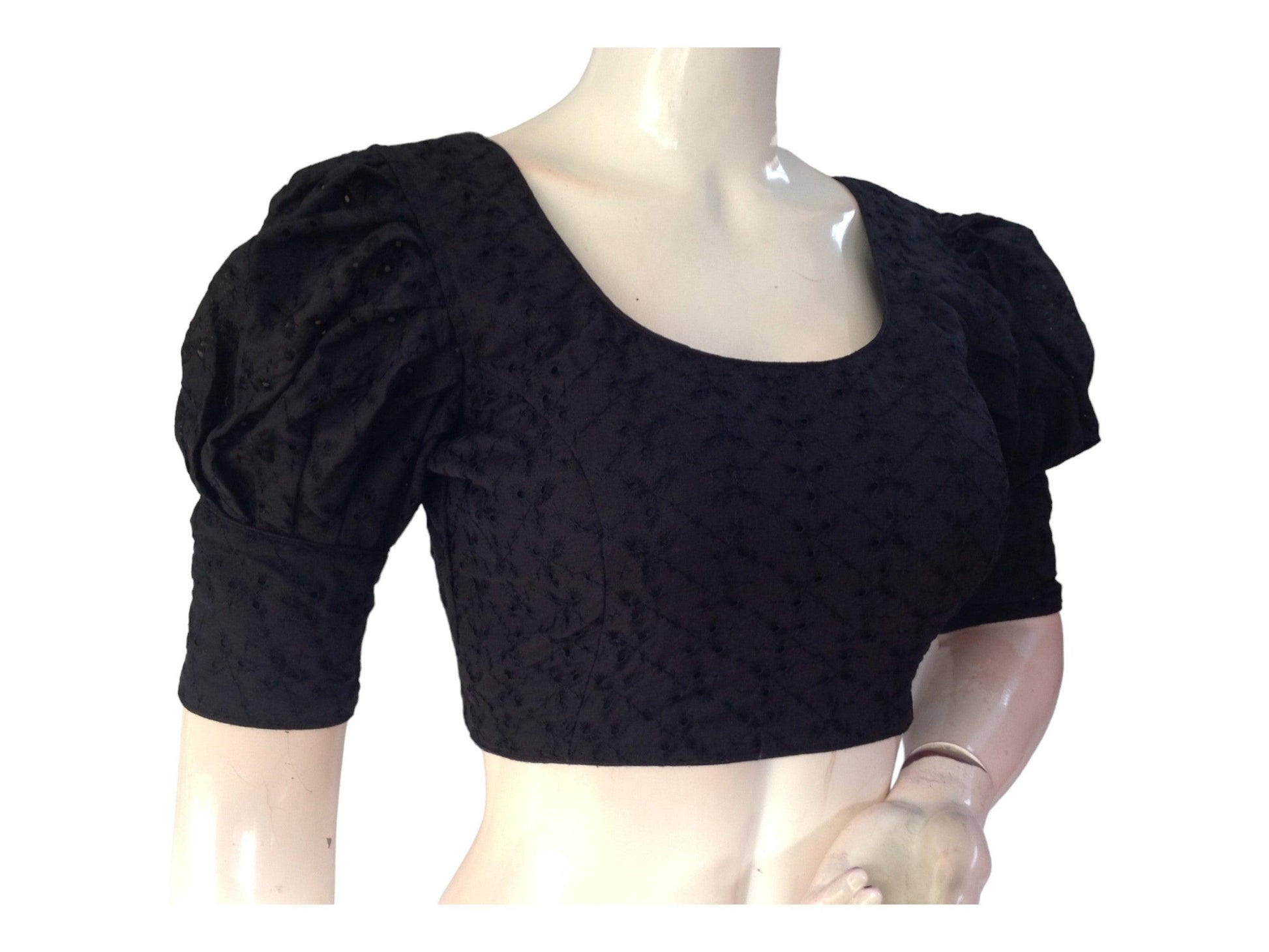 Black color Saree Blouse, Readymade Saree Blouse, Hakoba Cotton Puff sleeves Blouse - D3blouses
