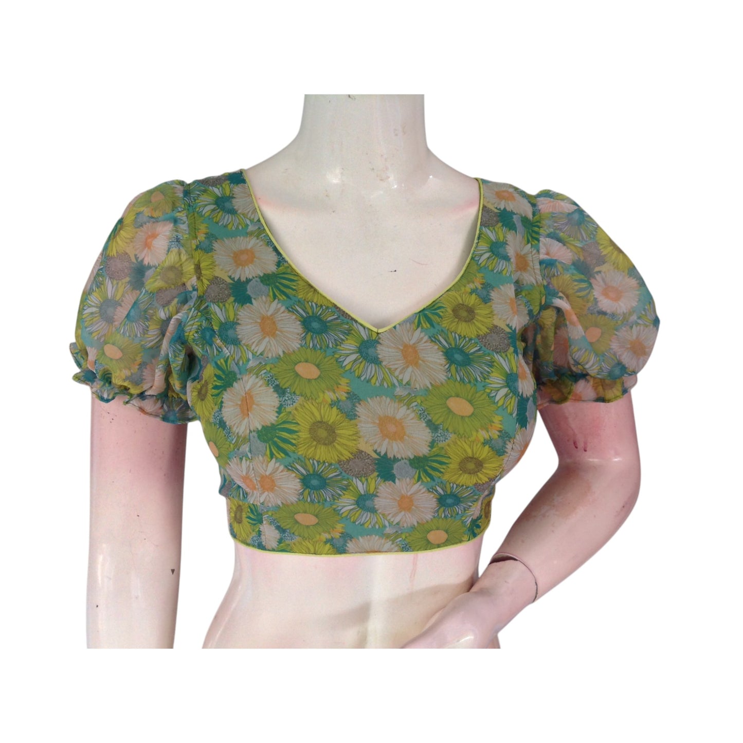 Tropical Paradise: Parrot Green Organza Puff Sleeve Readymade Blouse