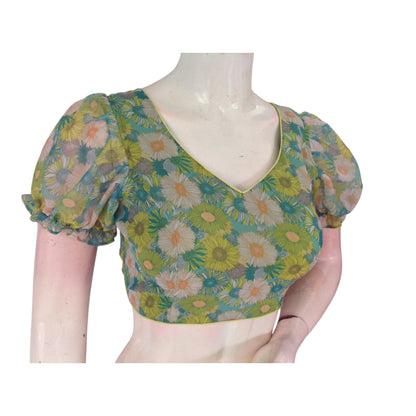 Tropical Paradise: Parrot Green Organza Puff Sleeve Readymade Blouse