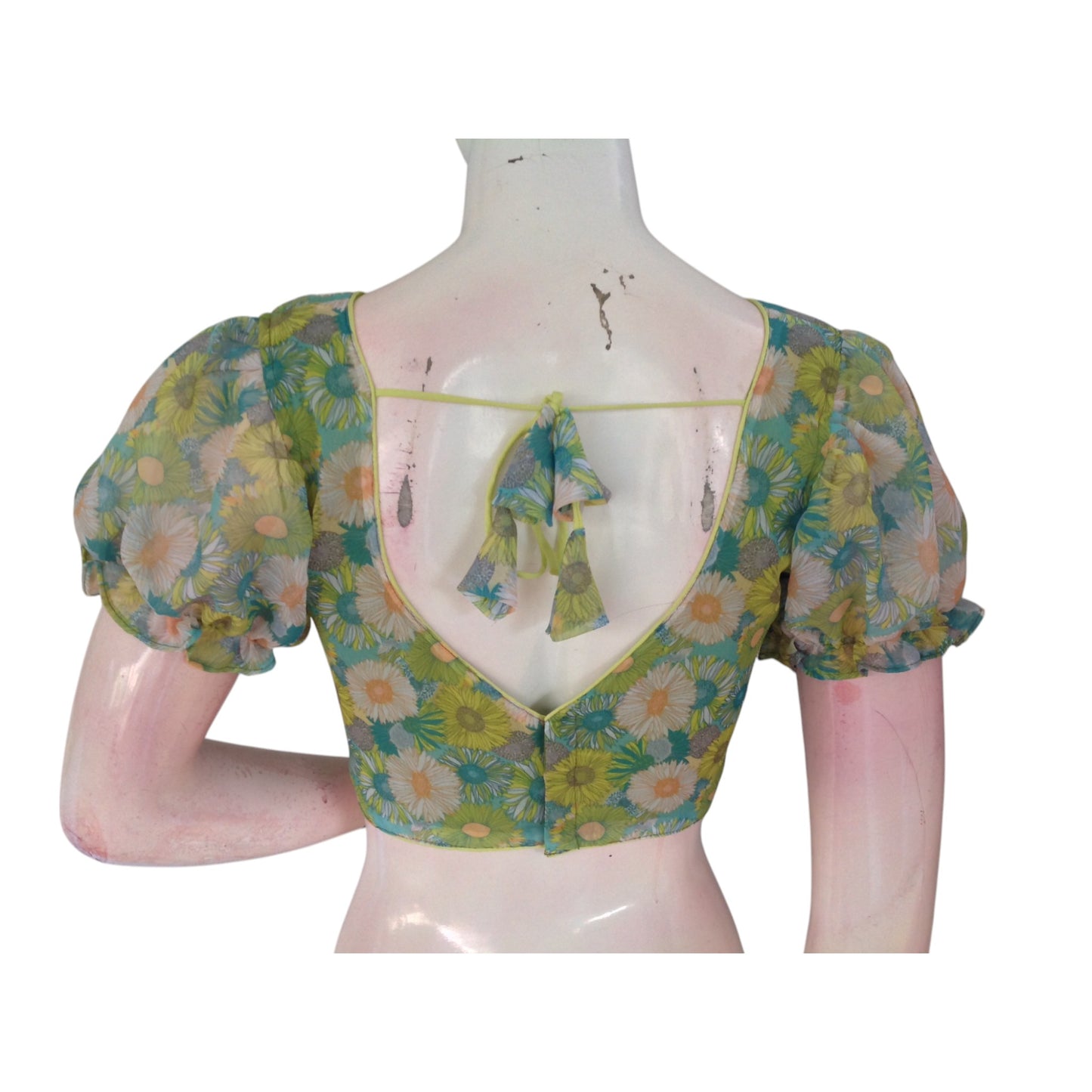 Tropical Paradise: Parrot Green Organza Puff Sleeve Readymade Blouse