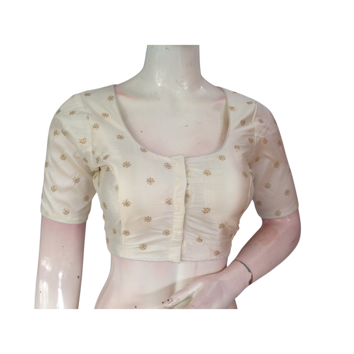 Timeless Elegance: Creamy White Semi-Silk Blouse with Delicate Embroidery