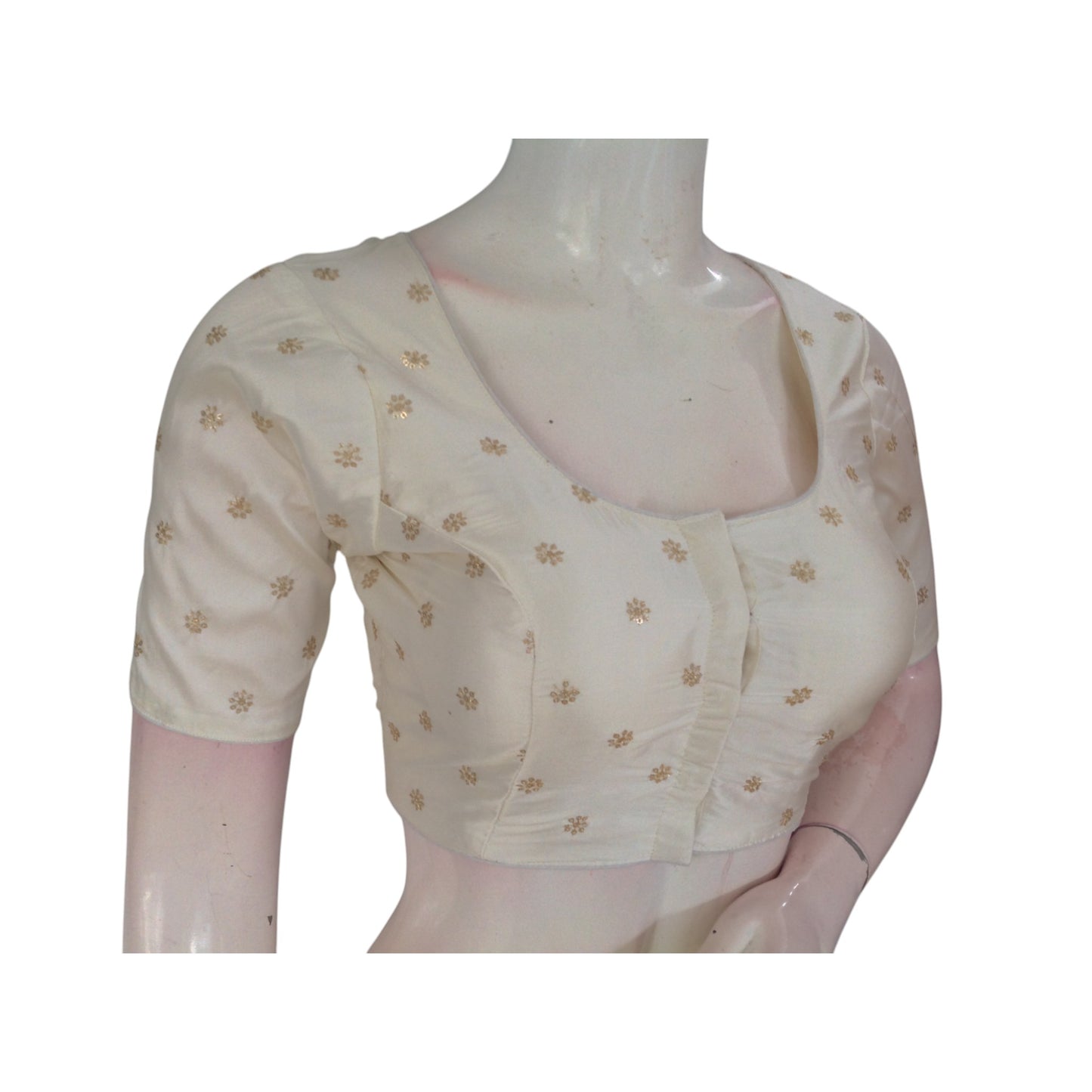 Timeless Elegance: Creamy White Semi-Silk Blouse with Delicate Embroidery