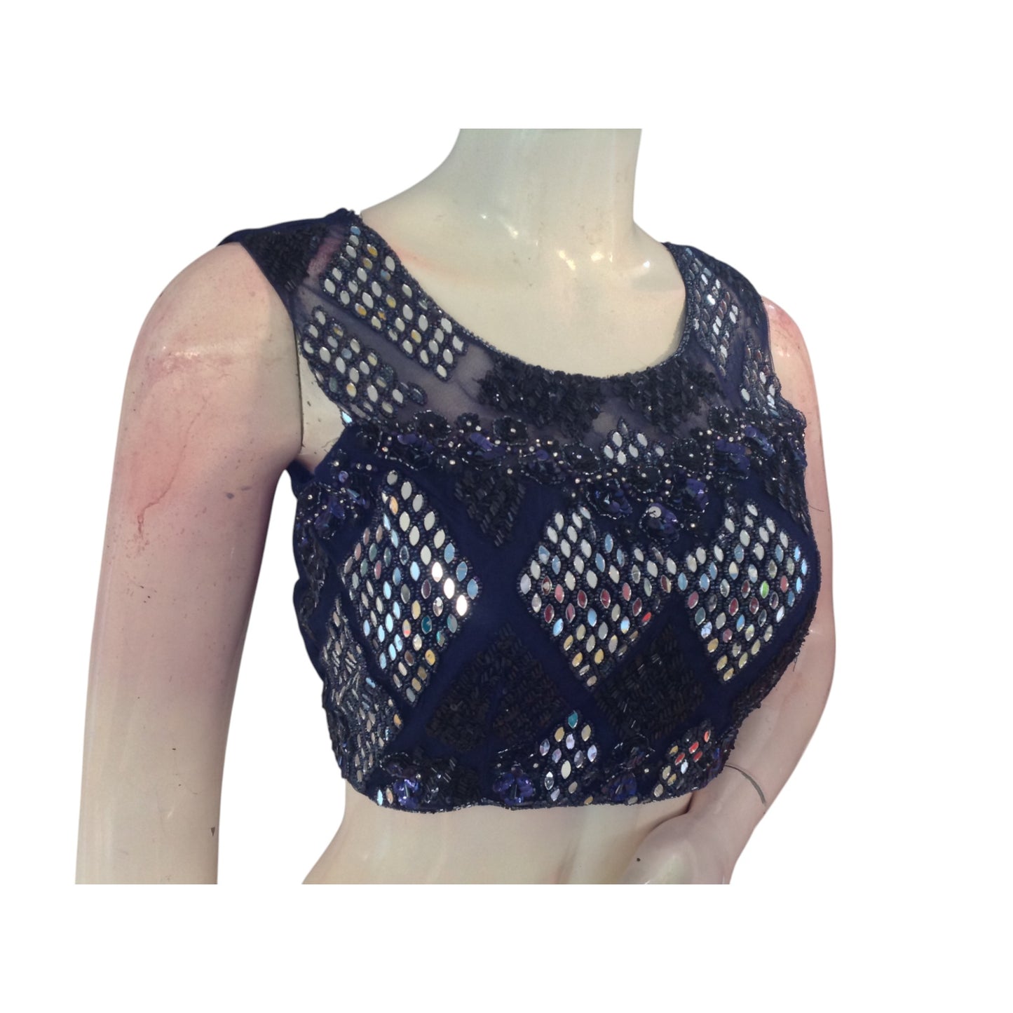 Navy Blue Night: A Dazzling Handcrafted Designer Partywear Readymade Saree Blouse