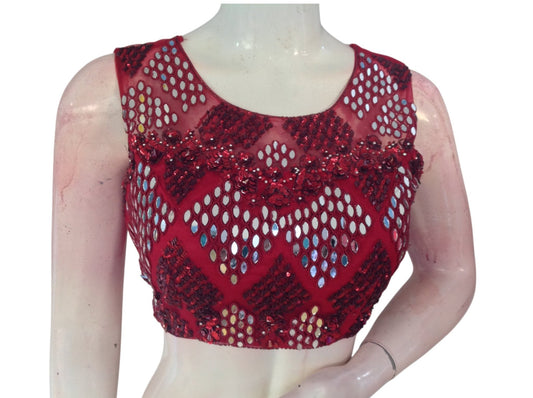 Maroon Magic: A Dazzling Handcrafted Designer Partywear Readymade Saree Blouse