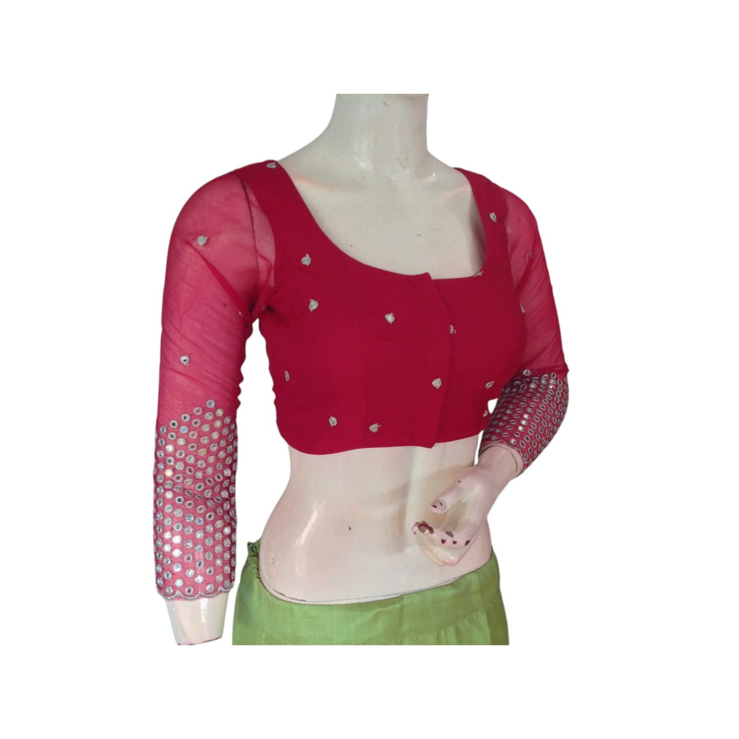 Rani Pink Elegance: Designer Net Foil Mirror Blouse with Bracelet Sleeve