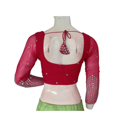 Rani Pink Elegance: Designer Net Foil Mirror Blouse with Bracelet Sleeve