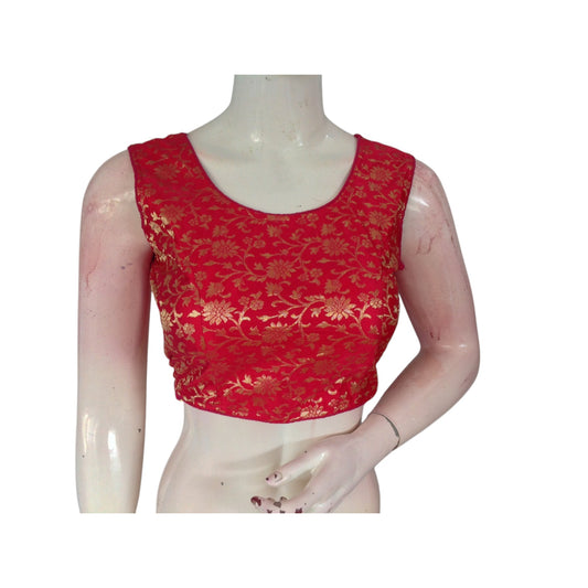 Radiant Raspberry Red Banarasi Silk Readymade Blouse: A Touch of Romance