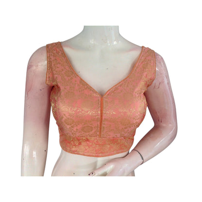 Blushing Peach Banaras Silk Ready made Saree Blouse: Delicate Elegance